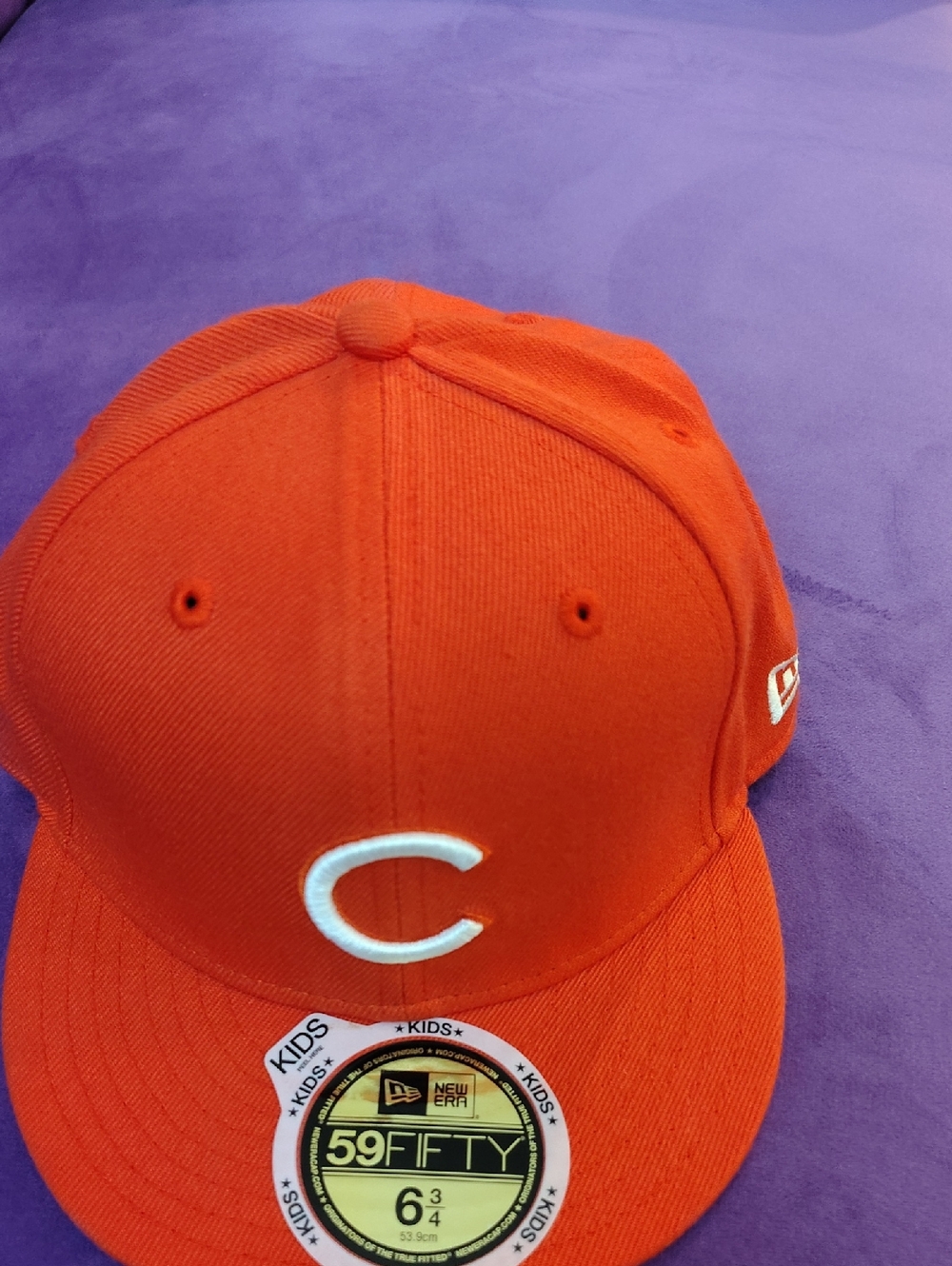 New Era Kids Bright Orange Fitted Cap with White 'C' Embroidery